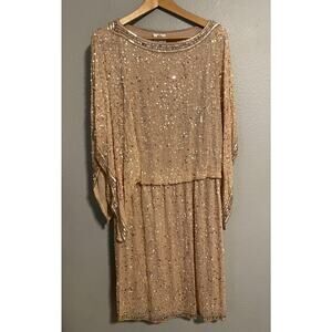 Patra Dress Womens 14 Nude Sequin Beaded Silk Overlay Party Cocktail Knee Length